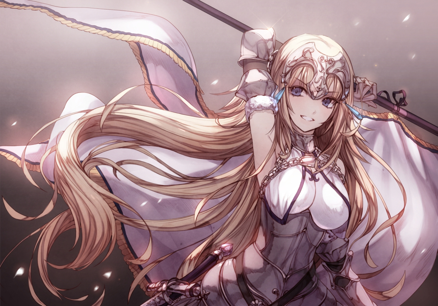 blonde_hair, breasts, chain, elbow_gloves, fate/apocrypha, fate/grand_order, fate_(series), gloves, jeanne_d'arc_(fate), kh_(kh_1128), long_hair, sword, waifu2x, weapon