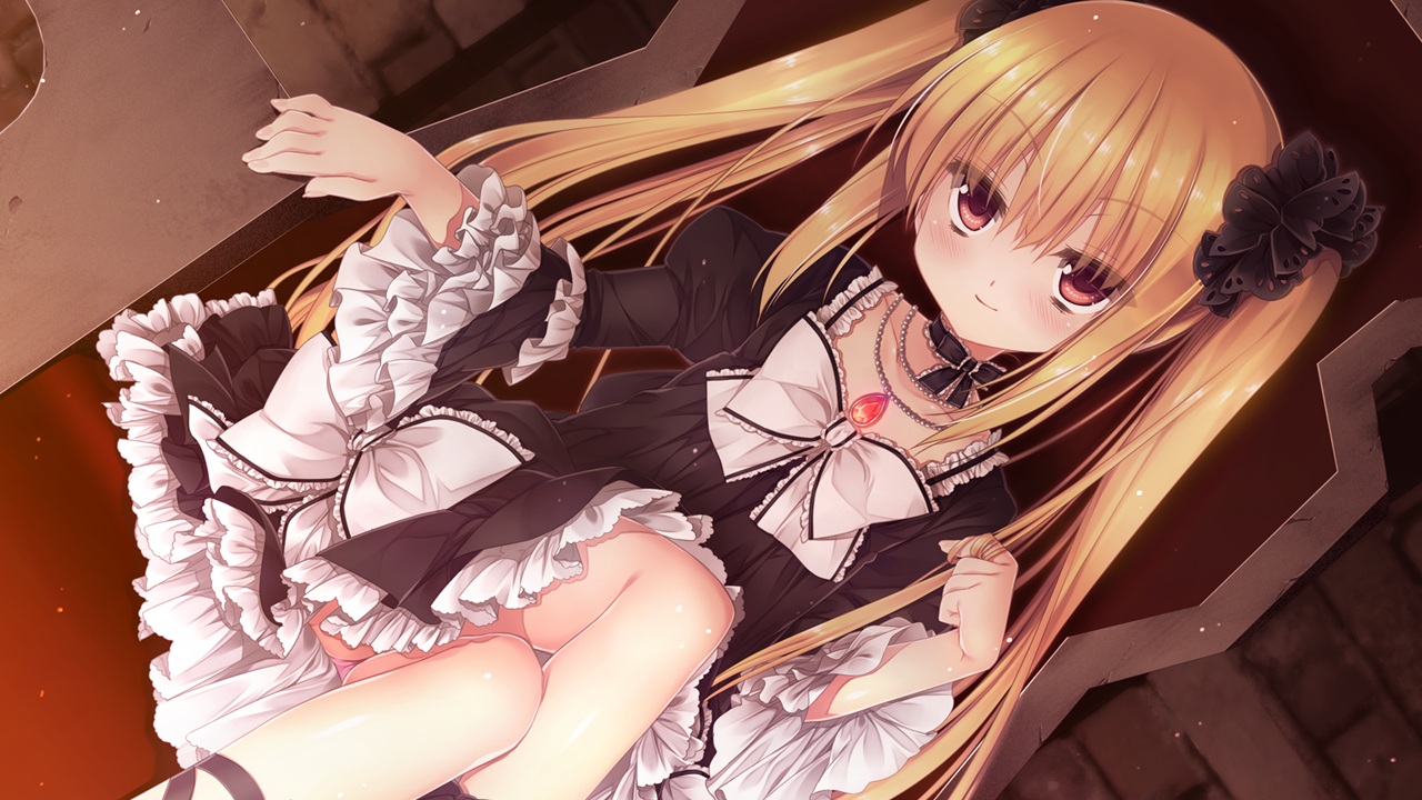 blonde_hair, blush, game_cg, iris_pumila, kyuuketsu_hime_no_libra, lolita_fashion, miyasu_risa, onomatope*