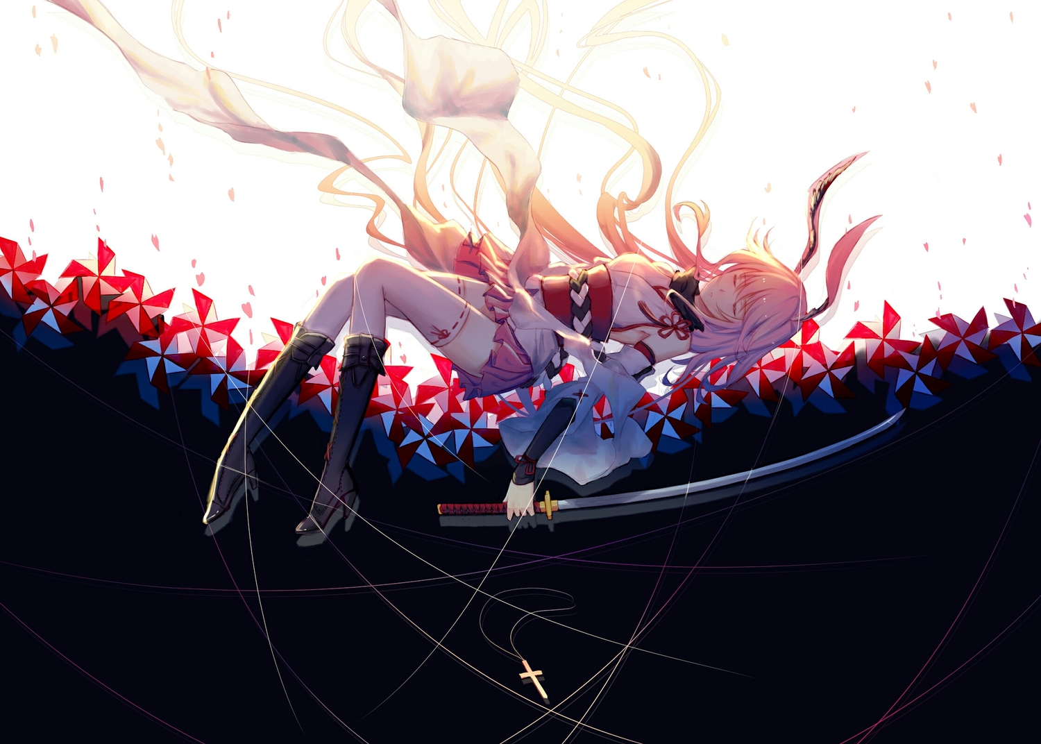 animal_ears, boots, bunny_ears, bunnygirl, cross, honkai_impact, honkai_(series), katana, long_hair, necklace, pink_hair, skirt, sword, thighhighs, weapon, xing_muhen, yae_sakura_(benghuai_xueyuan)