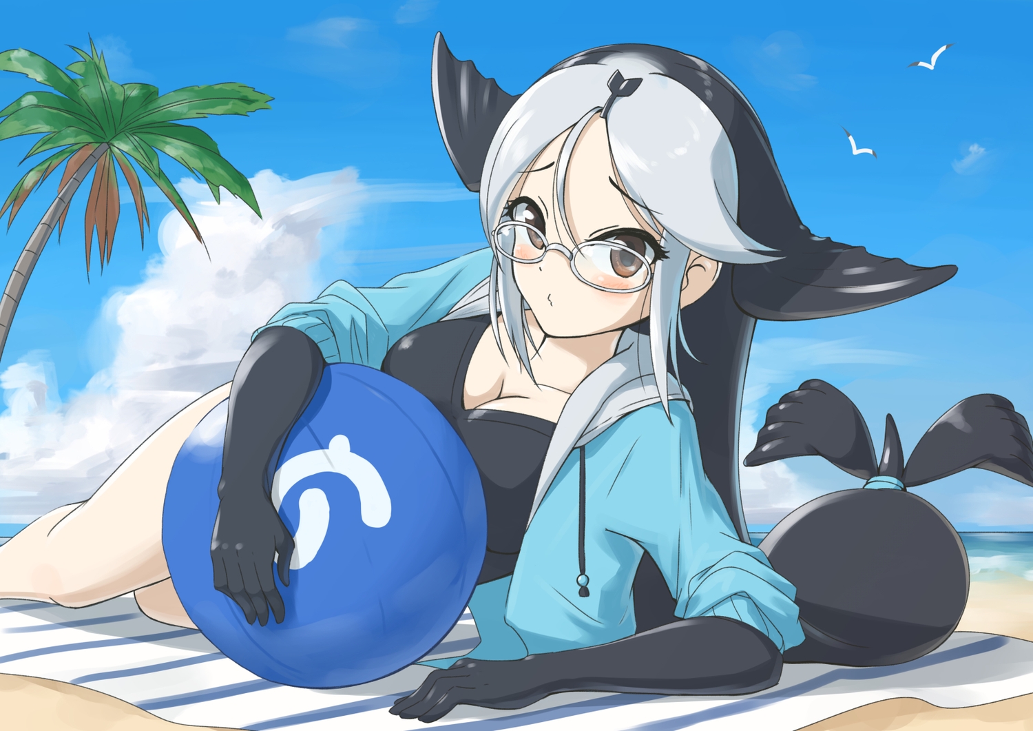 akatsuki_no_akatsuki, anthropomorphism, ball, beach, blush, breasts, brown_eyes, california_sea_lion_(kemono_friends), clouds, glasses, kemono_friends, long_hair, sky, tree
