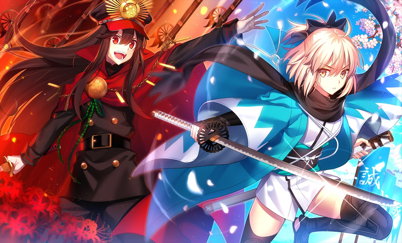 2girls, black_hair, blonde_hair, cape, chain, cherry_blossoms, fate/grand_order, fate_(series)