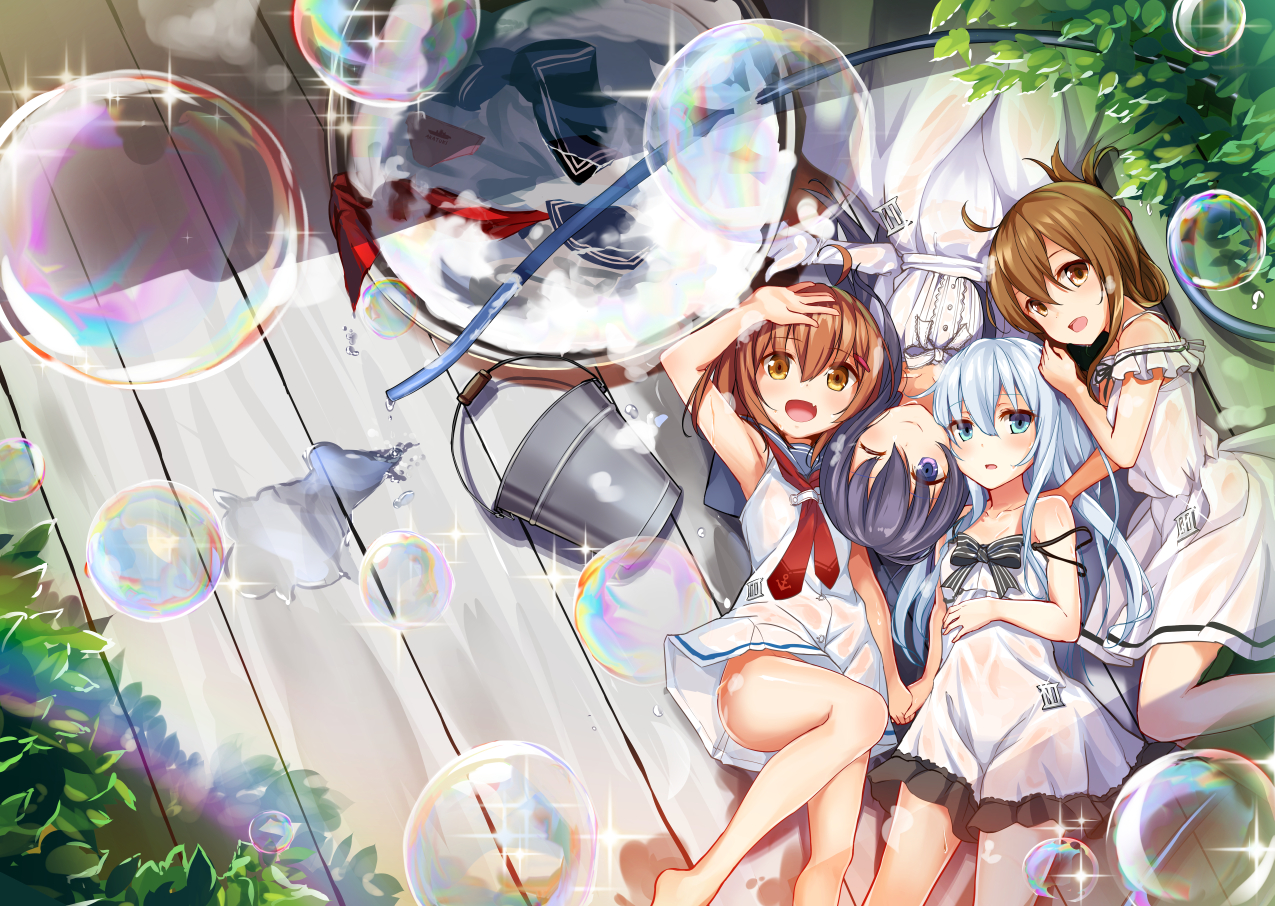 akatsuki_(kancolle), aliasing, anthropomorphism, bubbles, group, hibiki_(kancolle), ikazuchi_(kancolle), inazuma_(kancolle)