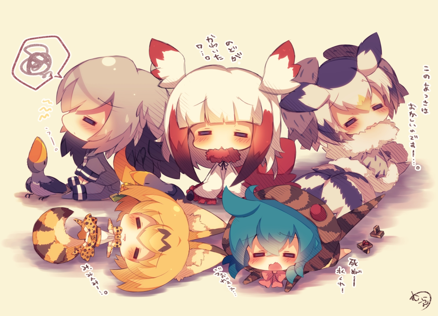 animal, animal_ears, anthropomorphism, bird, blonde_hair, blue_hair, blush, catgirl