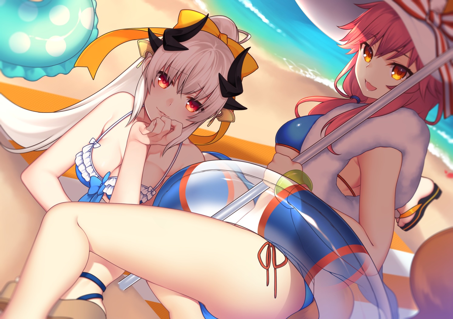 2girls, animal_ears, ass, beach, bikini, bow, breasts, fate/grand_order, fate_(series), foxgirl, hat, kiyohime_(fate/grand_order), lio_(rumei2265874644), long_hair, orange_eyes, pink_hair, ponytail, red_eyes, sideboob, swim_ring, swimsuit, tail, tamamo_no_mae_(fate), water, white_hair, wristwear