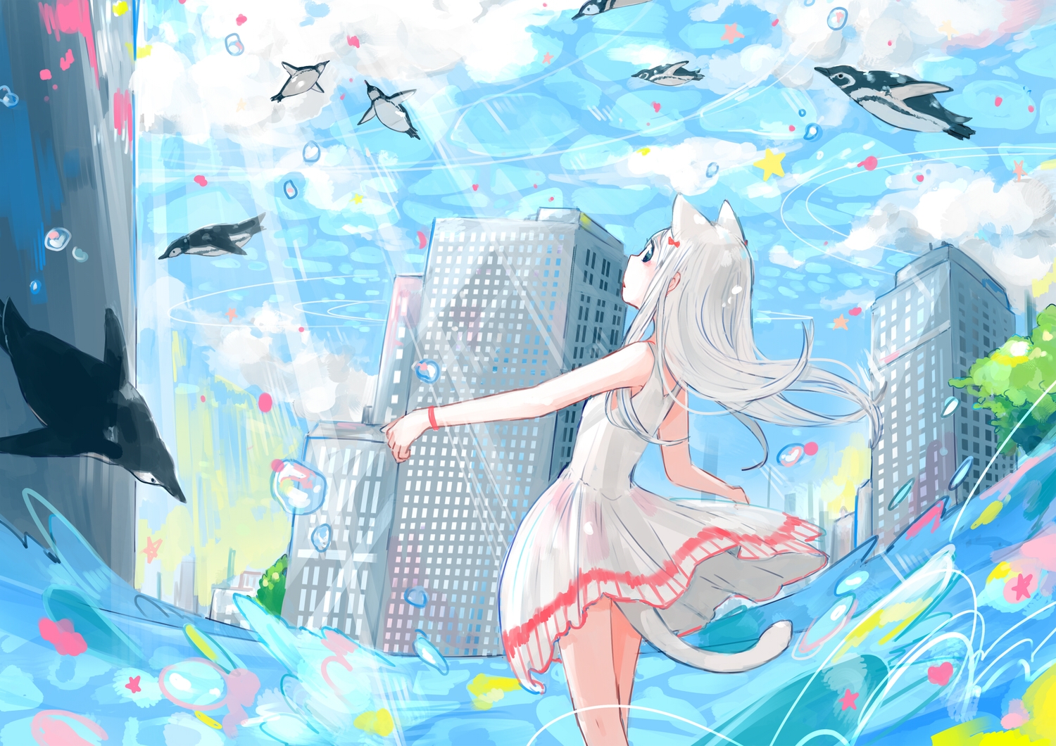 animal, animal_ears, bird, bubbles, building, catgirl, city, clouds, dress, gray_hair, long_hair, original, penguin, sky, summer_dress, tail, water, yutukicom