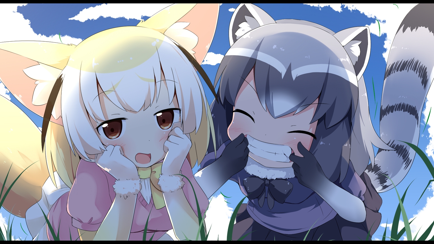 2girls, animal_ears, anthropomorphism, black_hair, blonde_hair, blush, bow, brown_eyes