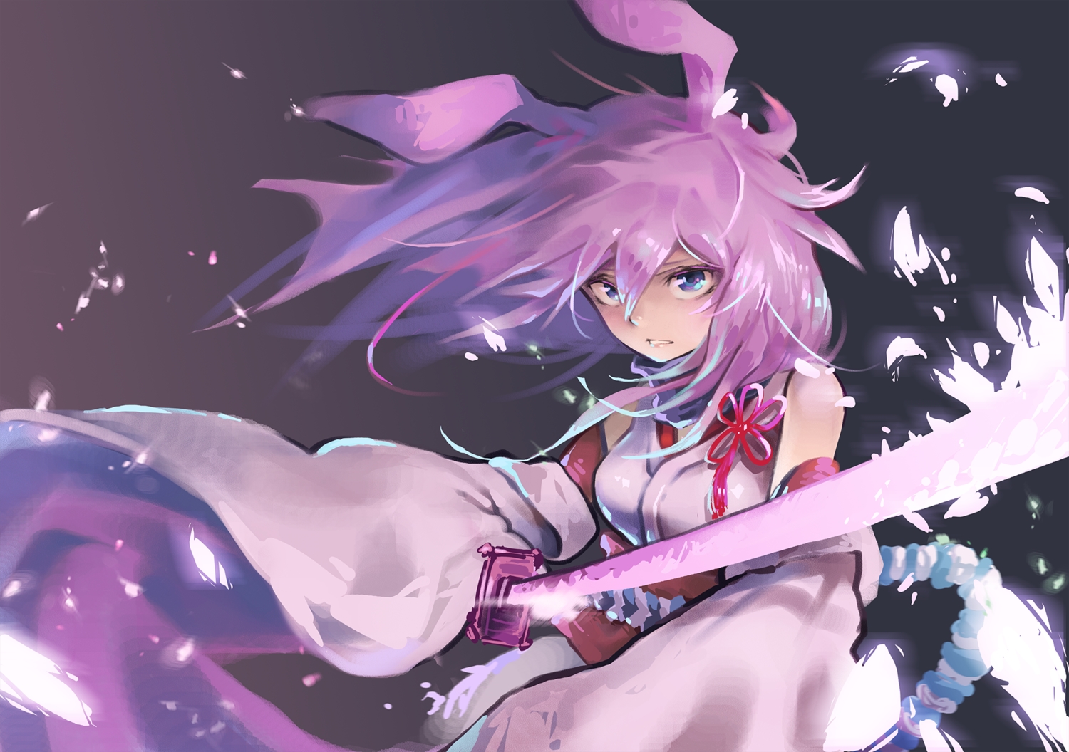 aqua_eyes, japanese_clothes, karasu_raven, katana, long_hair, pink_hair, sword, weapon
