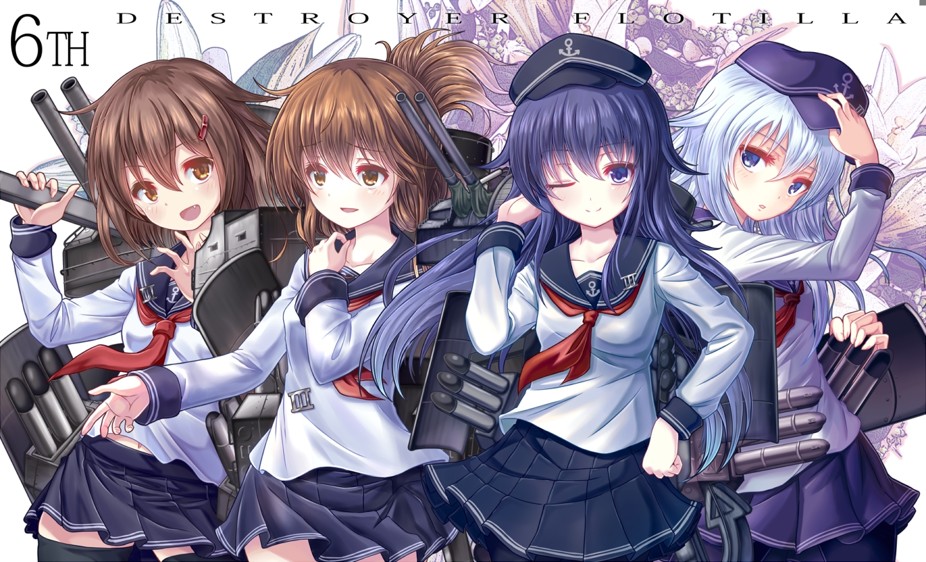 akatsuki_(kancolle), anthropomorphism, blue_hair, blush, brown_eyes, brown_hair, fang, hat, hibiki_(kancolle), ikazuchi_(kancolle), inazuma_(kancolle), kantai_collection, pantyhose, purple_eyes, school_uniform, short_hair, skirt, thighhighs, wink, yatsu_seisakusho
