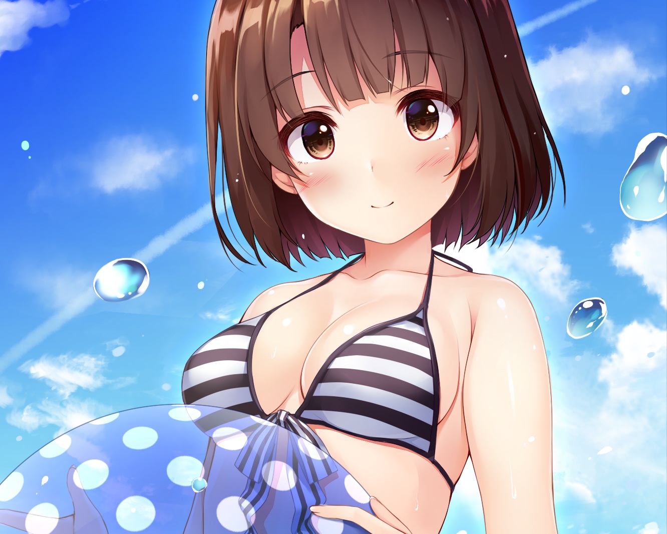 ball, bikini, blush, breasts, brown_eyes, brown_hair, bubbles, clouds, cropped, katou_megumi, pasdar, saenai_heroine_no_sodatekata, short_hair, sky, swimsuit