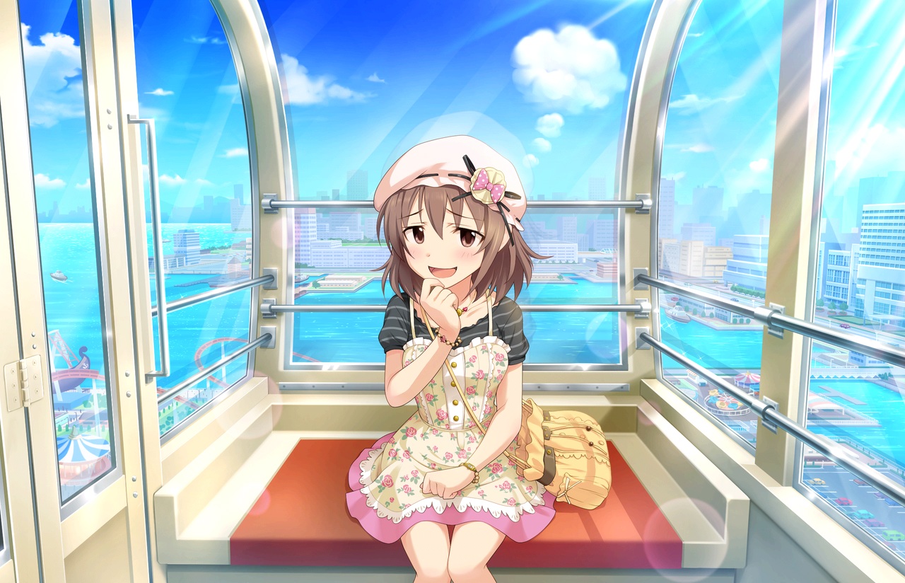 annin_doufu, bow, brown_eyes, brown_hair, building, city, clouds, dress