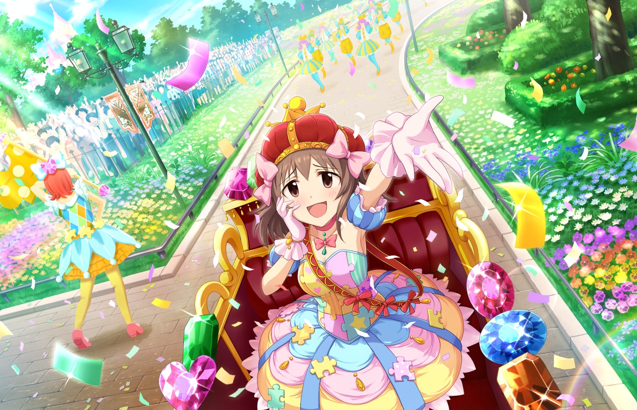 annin_doufu, blush, bow, brown_eyes, brown_hair, collar, crown, dress