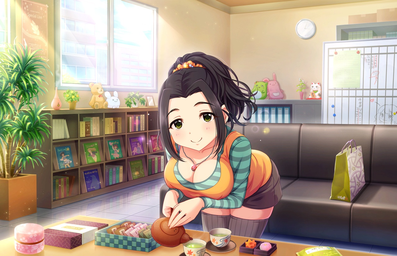 annin_doufu, black_hair, book, breasts, cleavage, couch, drink, ebihara_naho, food, green_eyes, idolmaster, idolmaster_cinderella_girls, idolmaster_cinderella_girls_starlight_stage, necklace, ponytail, short_hair, shorts, teddy_bear, thighhighs, zettai_ryouiki