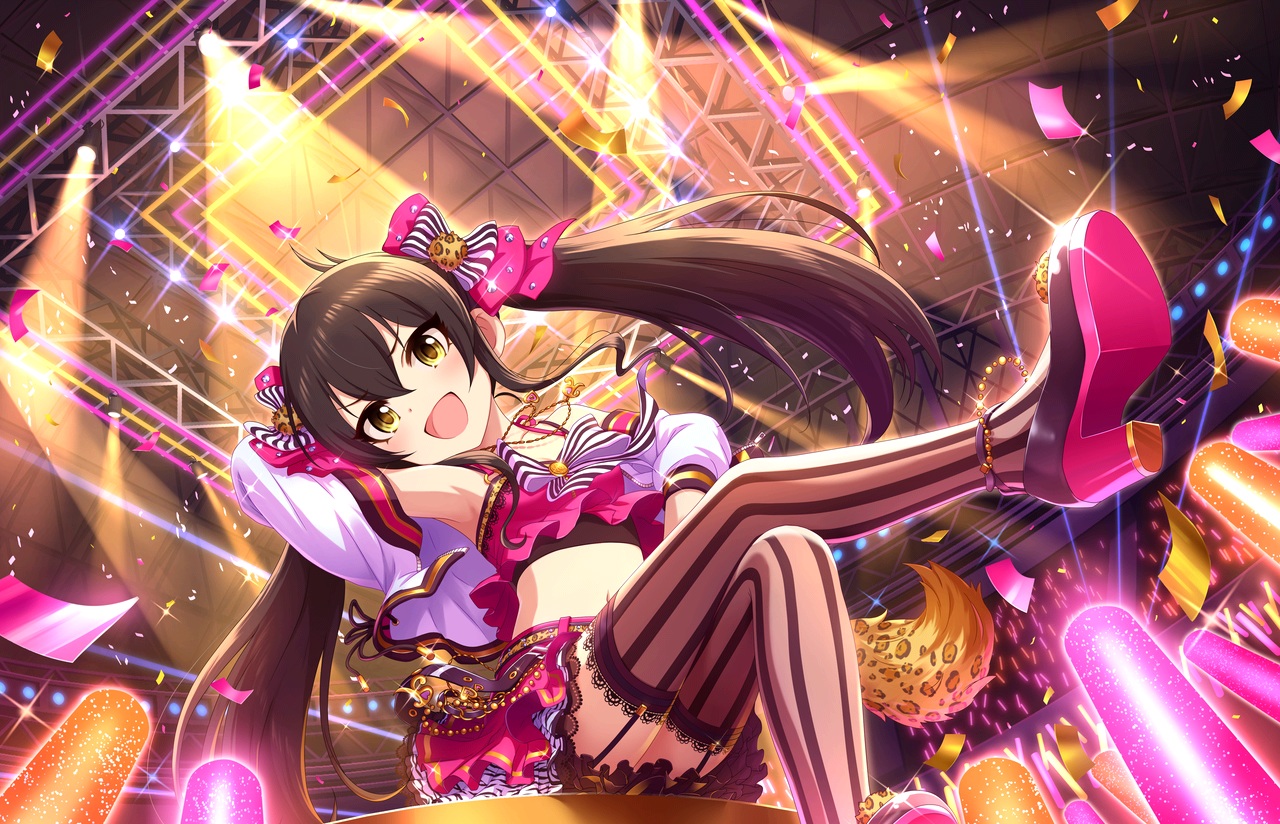 annin_doufu, bow, brown_hair, garter_belt, idolmaster, idolmaster_cinderella_girls, idolmaster_cinderella_girls_starlight_stage, loli, long_hair, matoba_risa, necklace, thighhighs, twintails, yellow_eyes