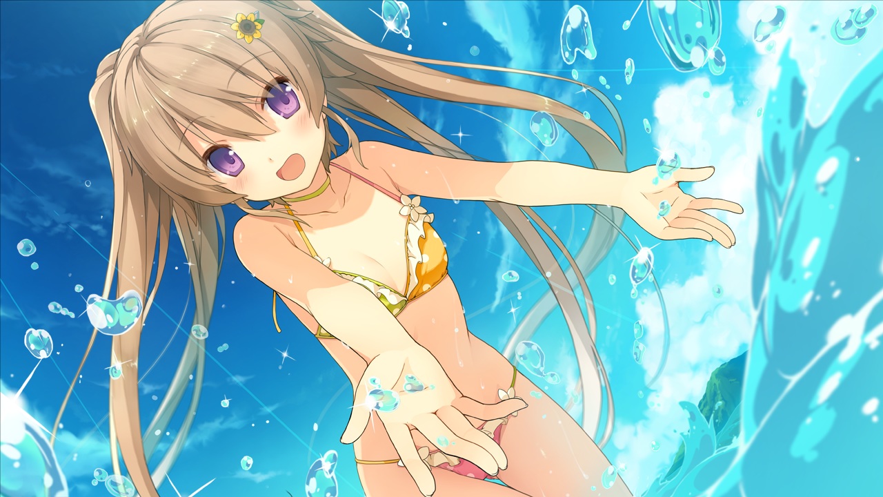 ao_no_kanata_no_four_rhythm, arisaka_mashiro, bikini, blush, breasts, brown_hair, bubbles, choker