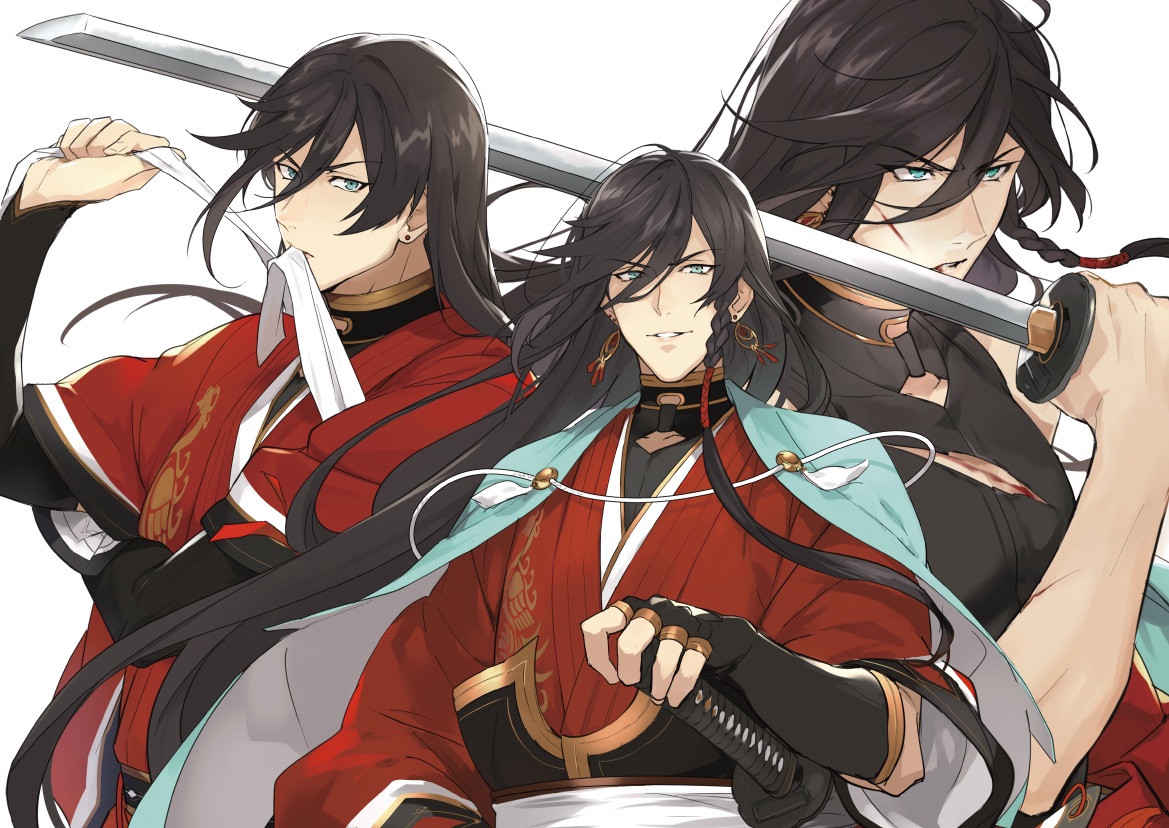 all_male, anthropomorphism, aqua_eyes, black_hair, braids, hanadi_(hndboo), izumi-no-kami_kanesada, long_hair
