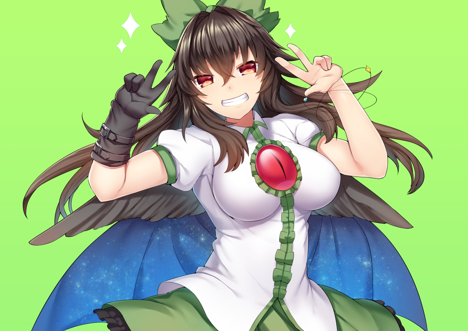 breasts, brown_hair, gloves, green, long_hair, reiuji_utsuho, skirt, touhou, uzuki_karasu, wings