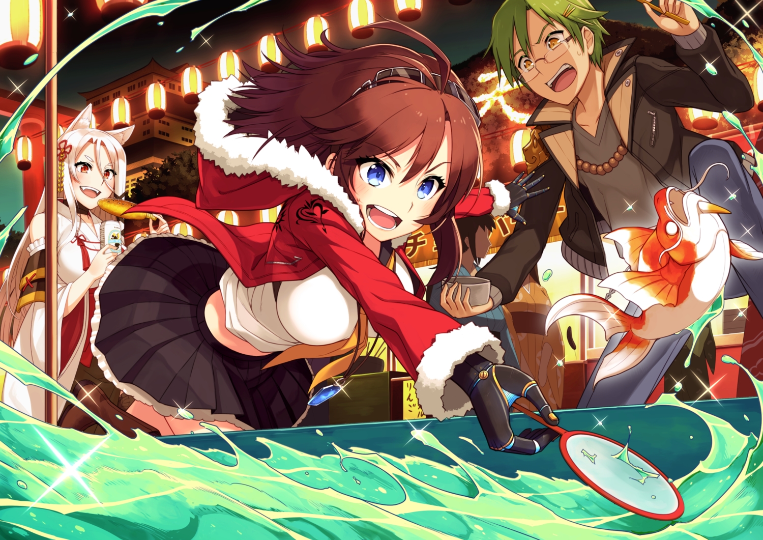 animal, animal_ears, blue_eyes, breasts, brown_hair, drink, festival, fish