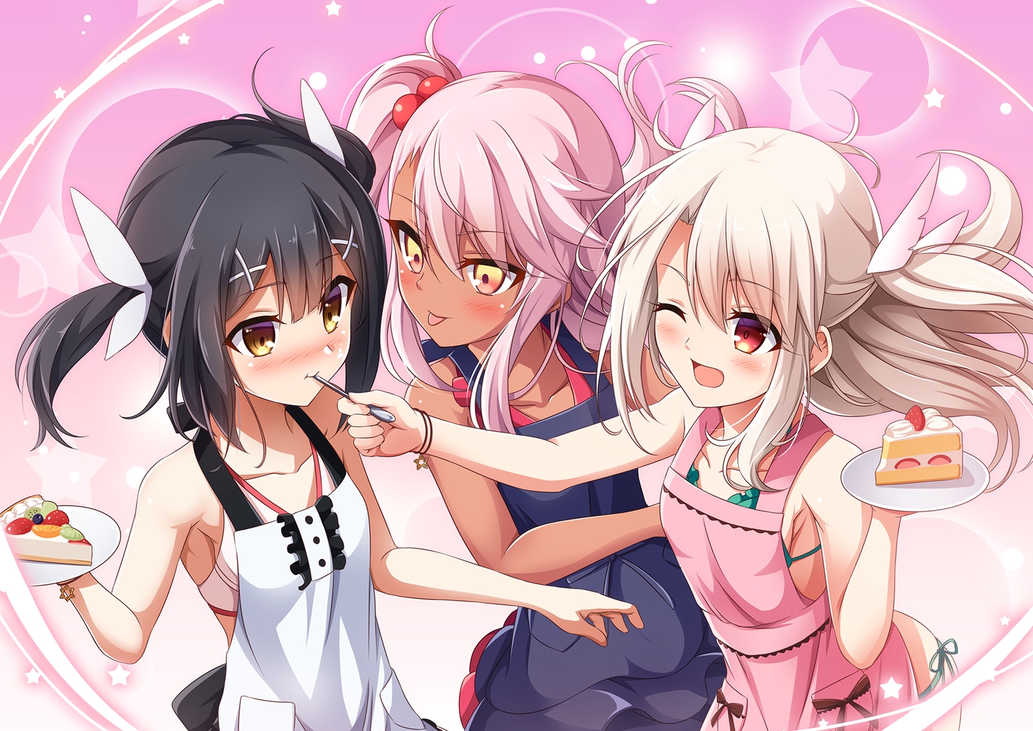 apron, bikini, black_hair, blonde_hair, blush, cake, chloe_von_einzbern, dark_skin