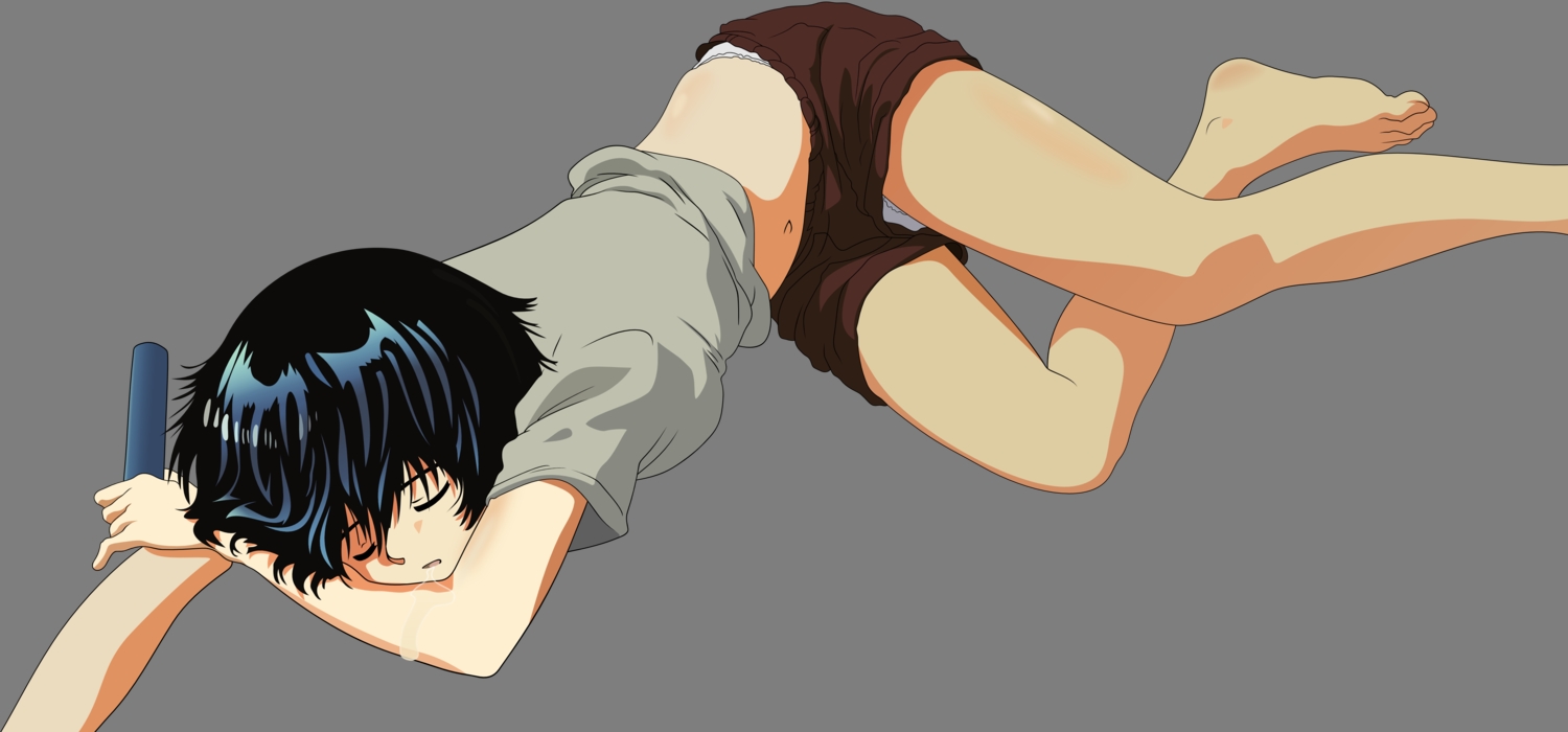 barefoot, black_hair, close, nazo_no_kanojo_x, panties, short_hair, shorts, sleeping