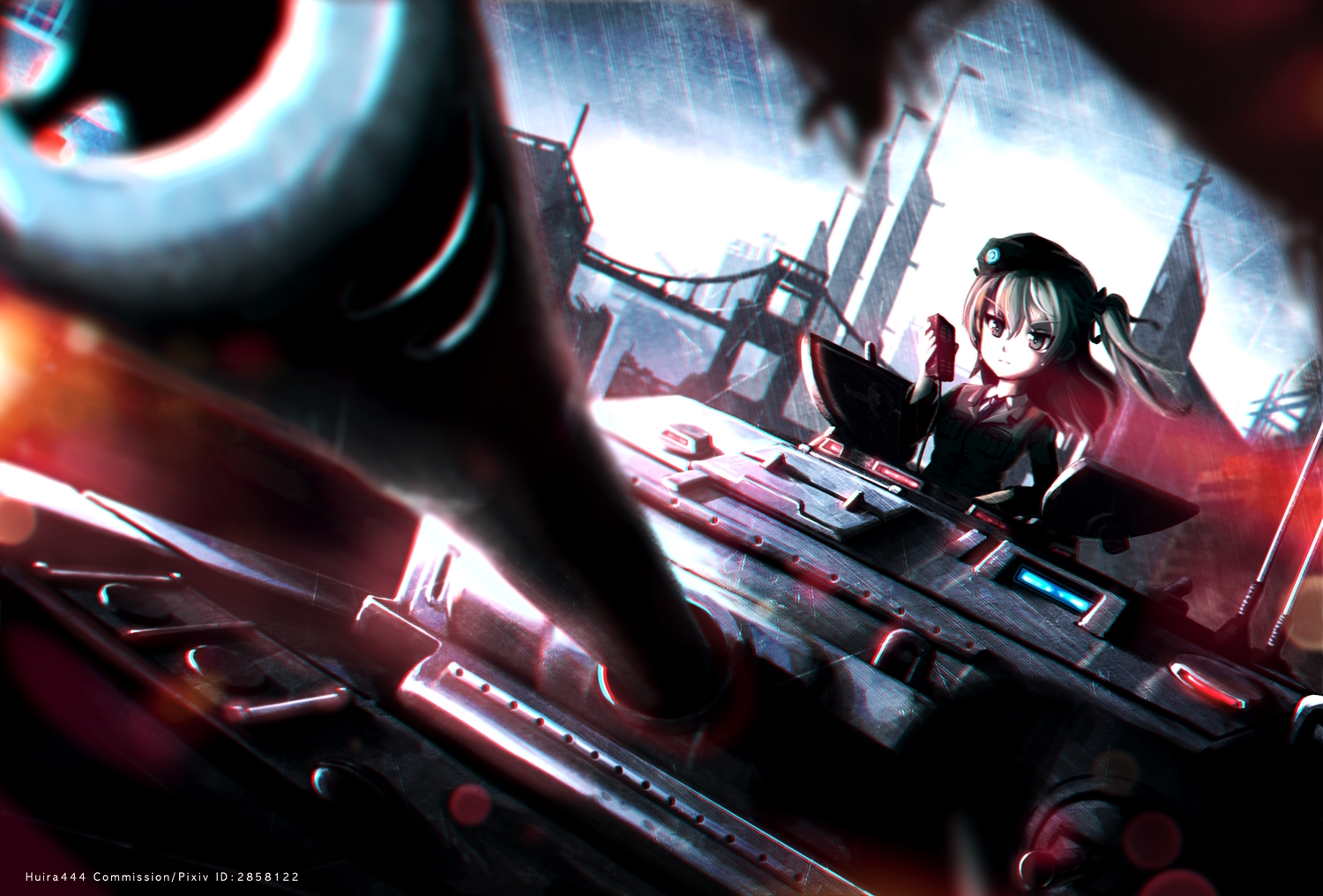 blonde_hair, combat_vehicle, girls_und_panzer, hat, huira444, military, rain, shimada_arisu