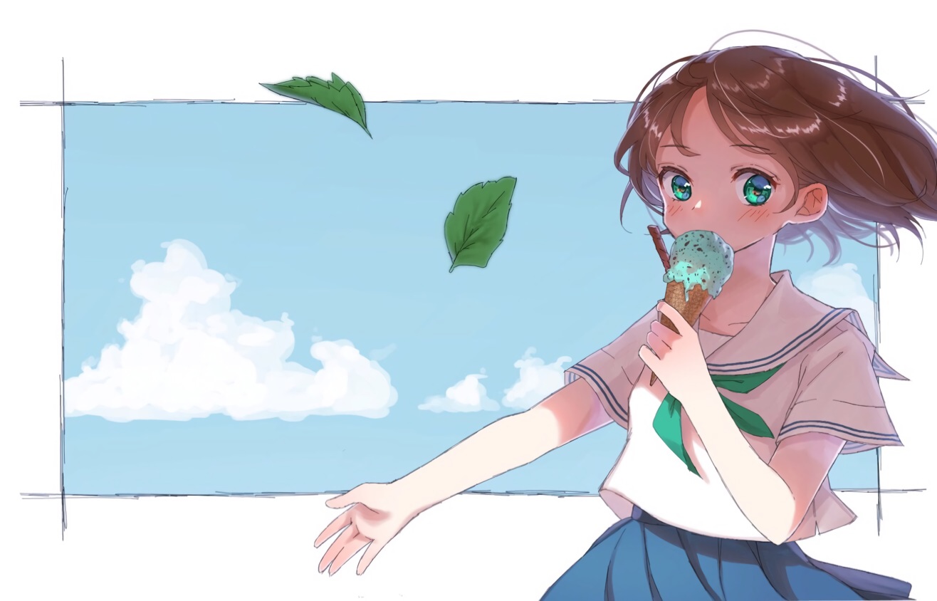 blush, brown_hair, food, green_eyes, hami_yura, ice_cream, leaves, original