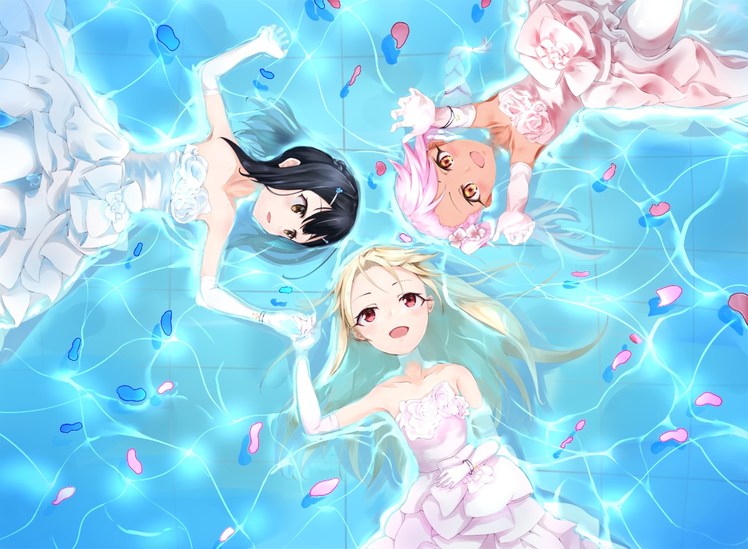 aliasing, black_hair, blonde_hair, brown_eyes, chloe_von_einzbern, dress, elbow_gloves, fate/kaleid_liner_prisma_illya, fate_(series), gloves, illyasviel_von_einzbern, kiomota, loli, long_hair, miyu_edelfelt, petals, pink_hair, red_eyes, short_hair, water, wristwear, yellow_eyes