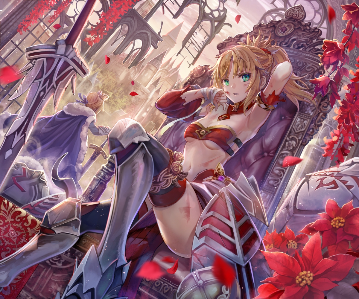 2girls, artoria_pendragon_(all), blonde_hair, boots, braids, breasts, cape, crown, fate/apocrypha, fate/grand_order, fate_(series), flowers, green_eyes, mordred, navel, petals, ponytail, ribbons, saber, short_hair, sword, thighhighs, torino_akua, weapon