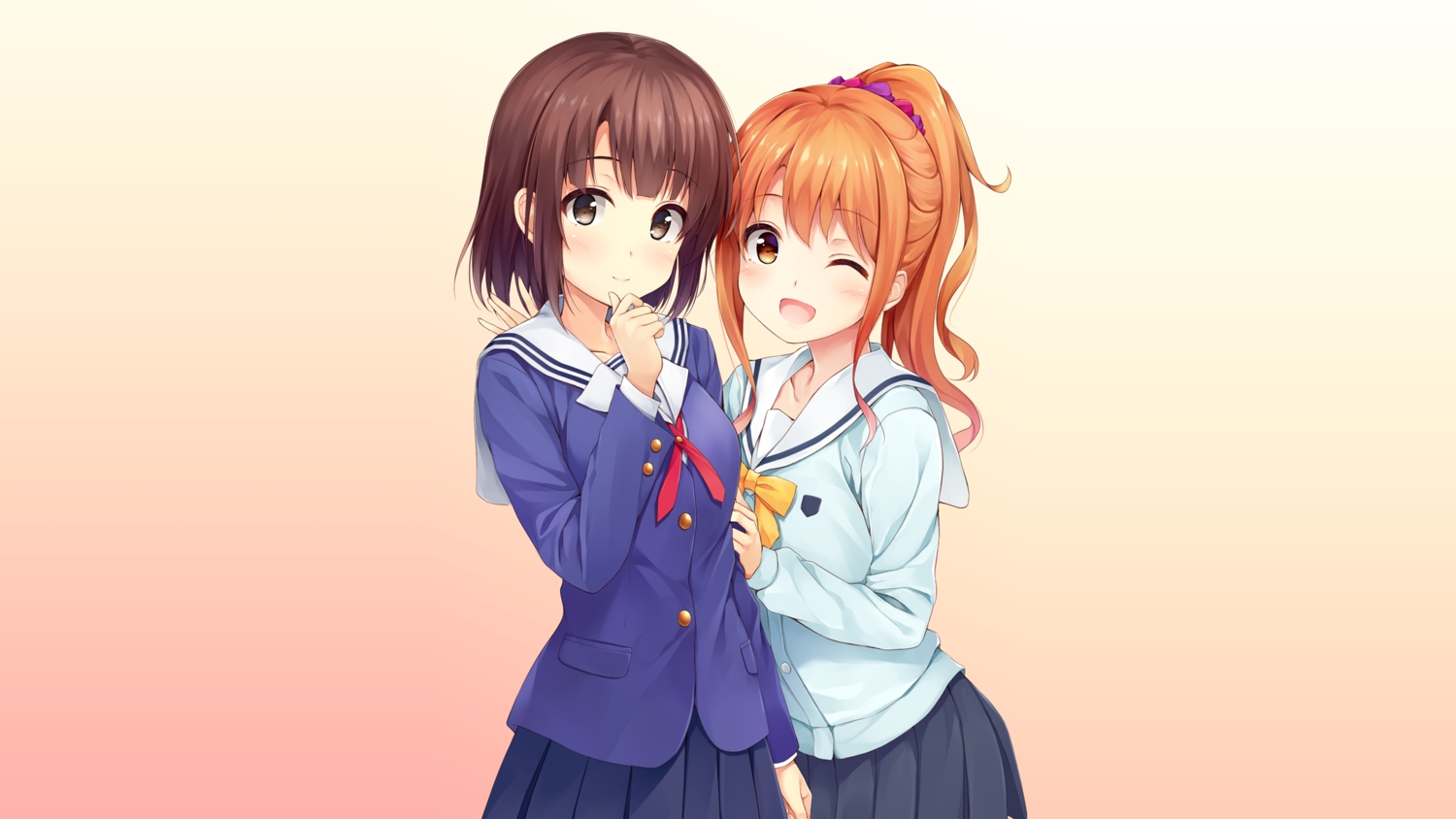 2girls, blush, bow, brown_eyes, brown_hair, crossover, eromanga-sensei, gradient