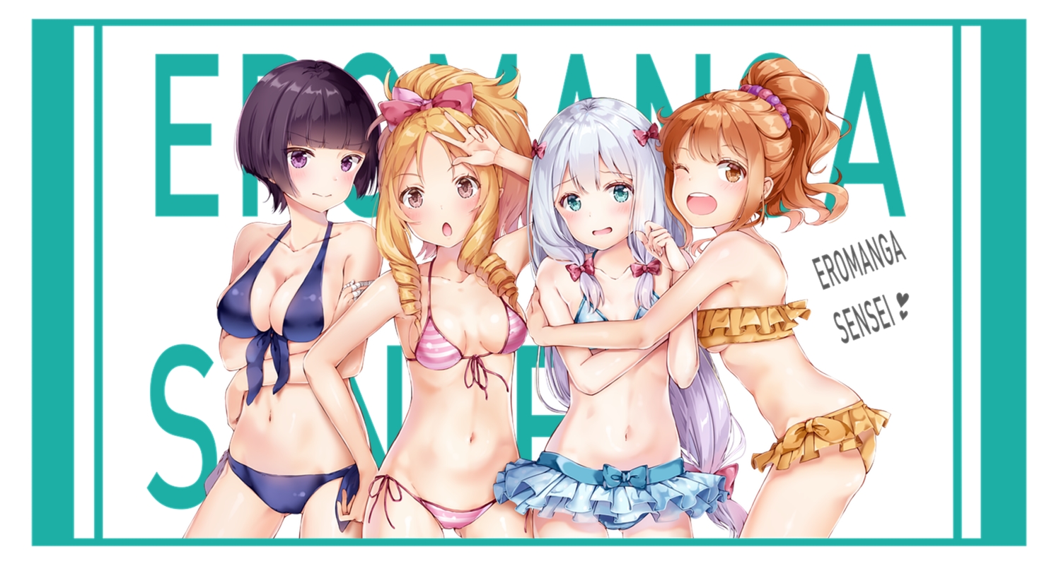 bikini, black_hair, blonde_hair, blush, bow, breasts, brown_eyes, brown_hair