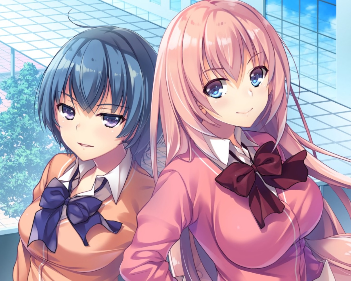 2girls, aqua_eyes, blue_hair, bow, breasts, cropped, ibuki_mio, ichinose_honami_(elite), long_hair, pink_eyes, pink_hair, school_uniform, short_hair, youkoso_jitsuryoku_shijou_shugi_no_kyoushitsu_e, yu_yu