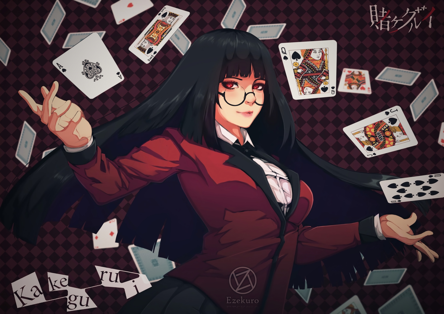 black_hair, ezekuro, glasses, jabami_yumeko, kakegurui, logo, long_hair, red_eyes