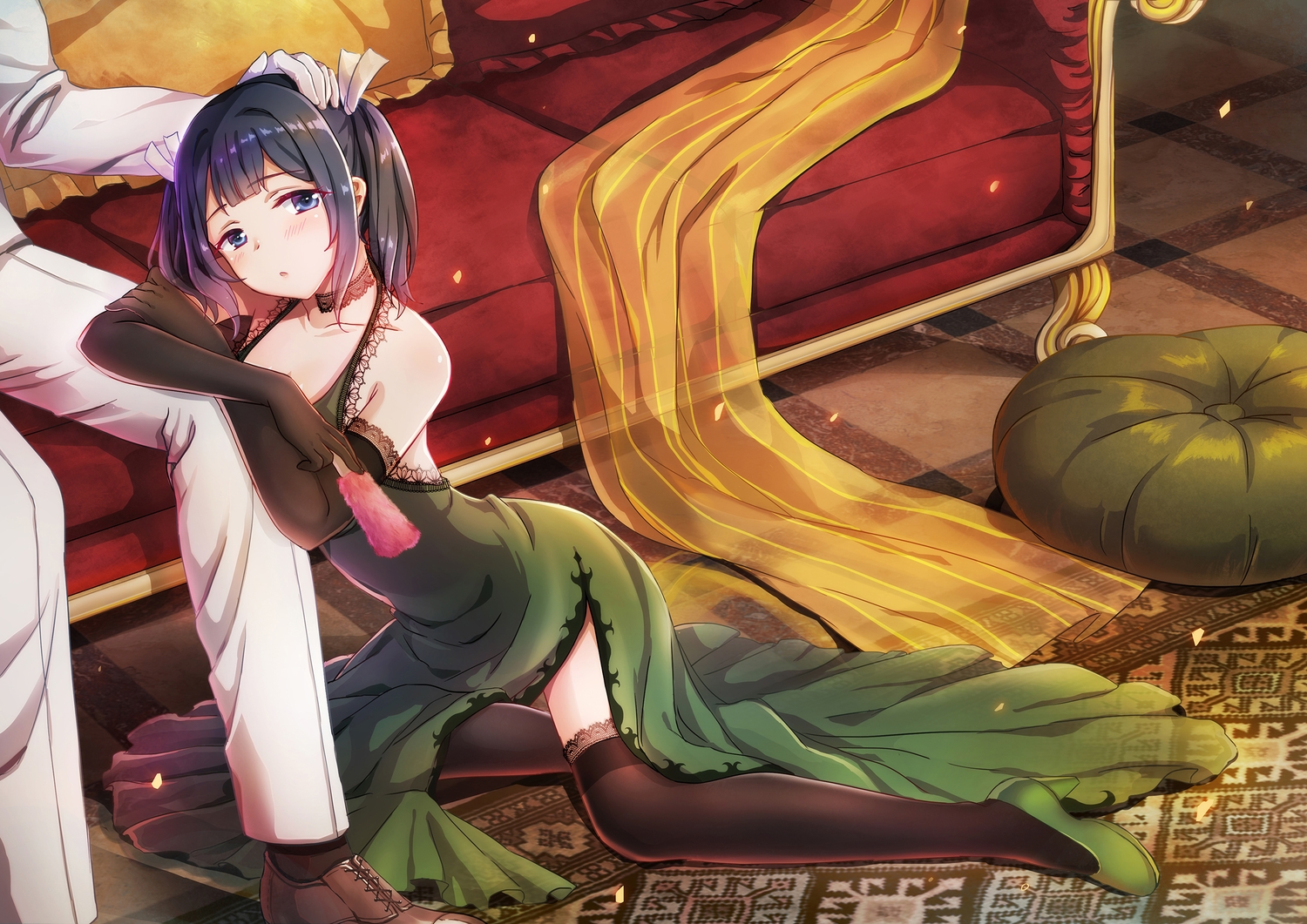 admiral_(kancolle), anthropomorphism, blue_eyes, blue_hair, blush, couch, dress, elbow_gloves