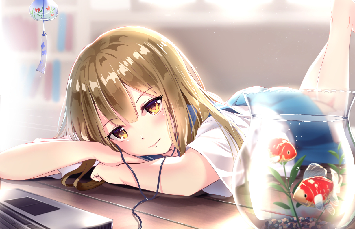animal, brown_hair, computer, fish, headphones, original, school_uniform, short_hair, skirt, water, yan_(nicknikg), yellow_eyes