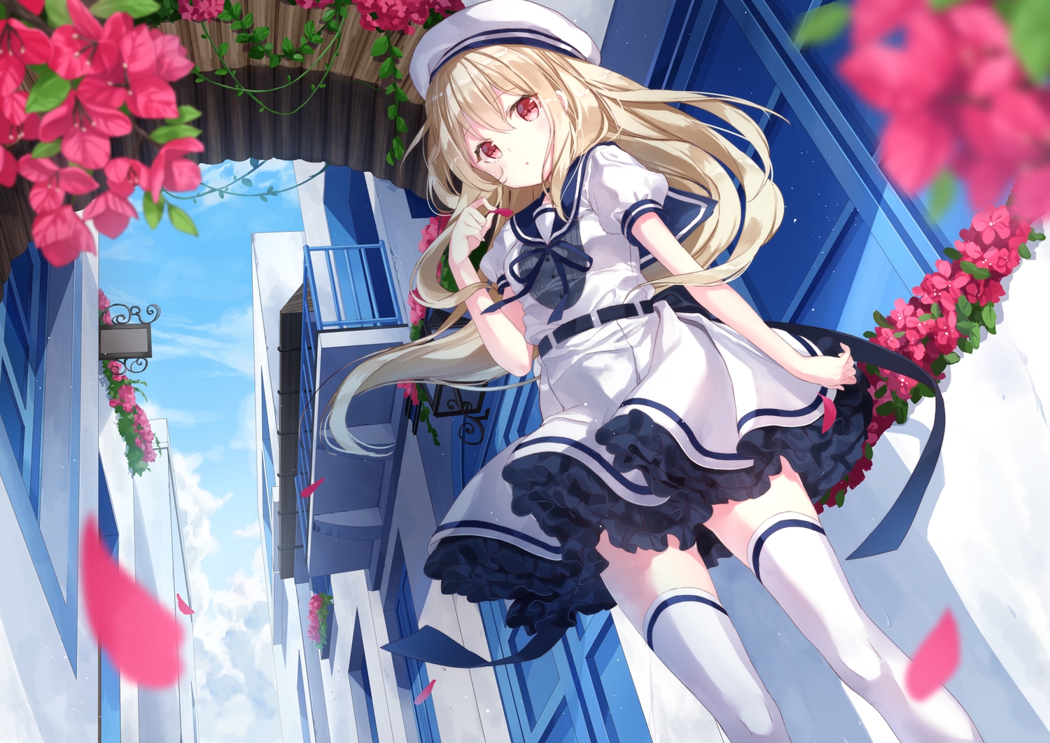 blonde_hair, blush, building, city, clouds, dress, flowers, hat