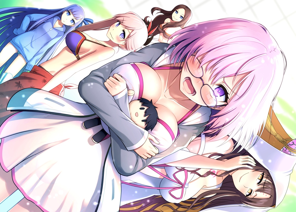 bikini_top, blue_eyes, blue_hair, blush, breasts, brown_hair, dress, fate/grand_order, fate_(series), fujimaru_ritsuka_(male), glasses, group, hood, leonardo_da_vinci_(fate), long_hair, mash_kyrielight, meltryllis, miyamoto_musashi_(fate/grand_order), oyaji-sou, panties, pink_hair, purple_eyes, see_through, sesshouin_kiara, short_hair, sideboob, underwear, yellow_eyes