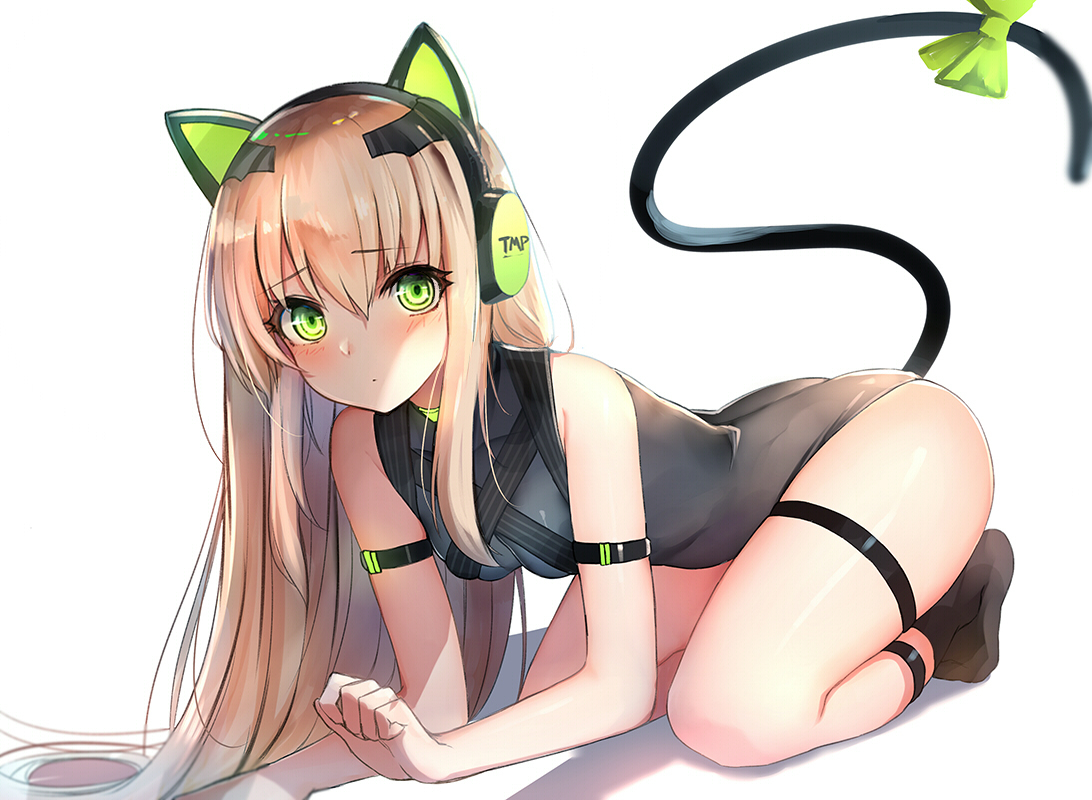 animal_ears, anthropomorphism, ass, blonde_hair, blush, bodysuit, bow, catgirl, garter, girls_frontline, green_eyes, headphones, long_hair, luse_maonang, socks, tail, tmp_(girls_frontline)