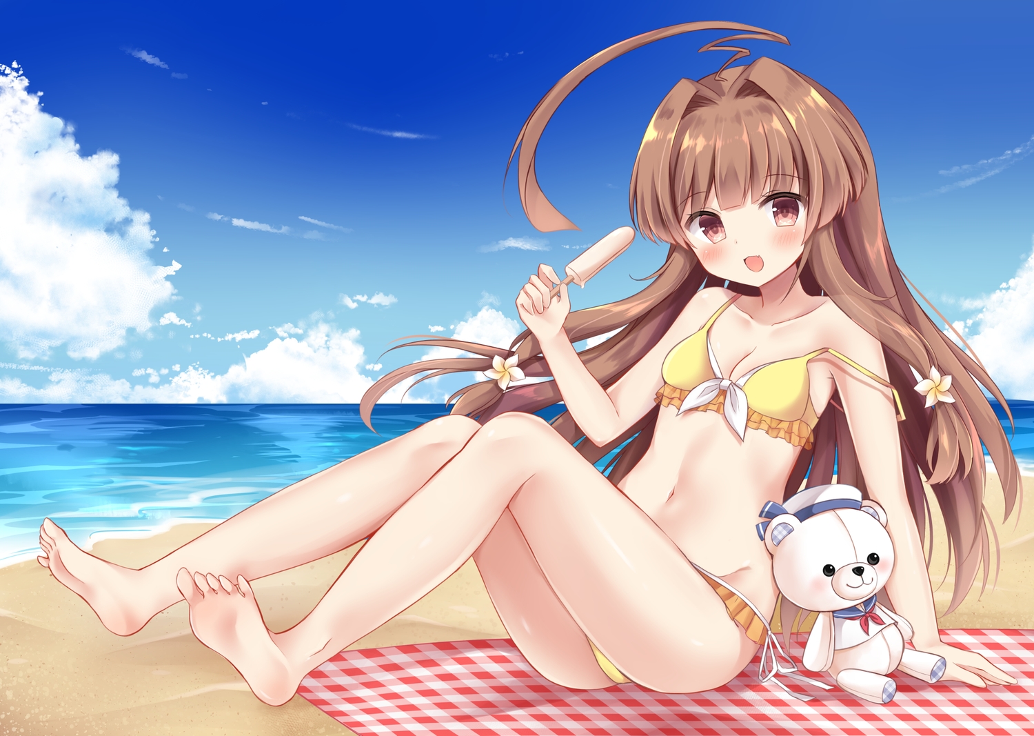 anthropomorphism, barefoot, bikini, blush, brown_eyes, brown_hair, clouds, food