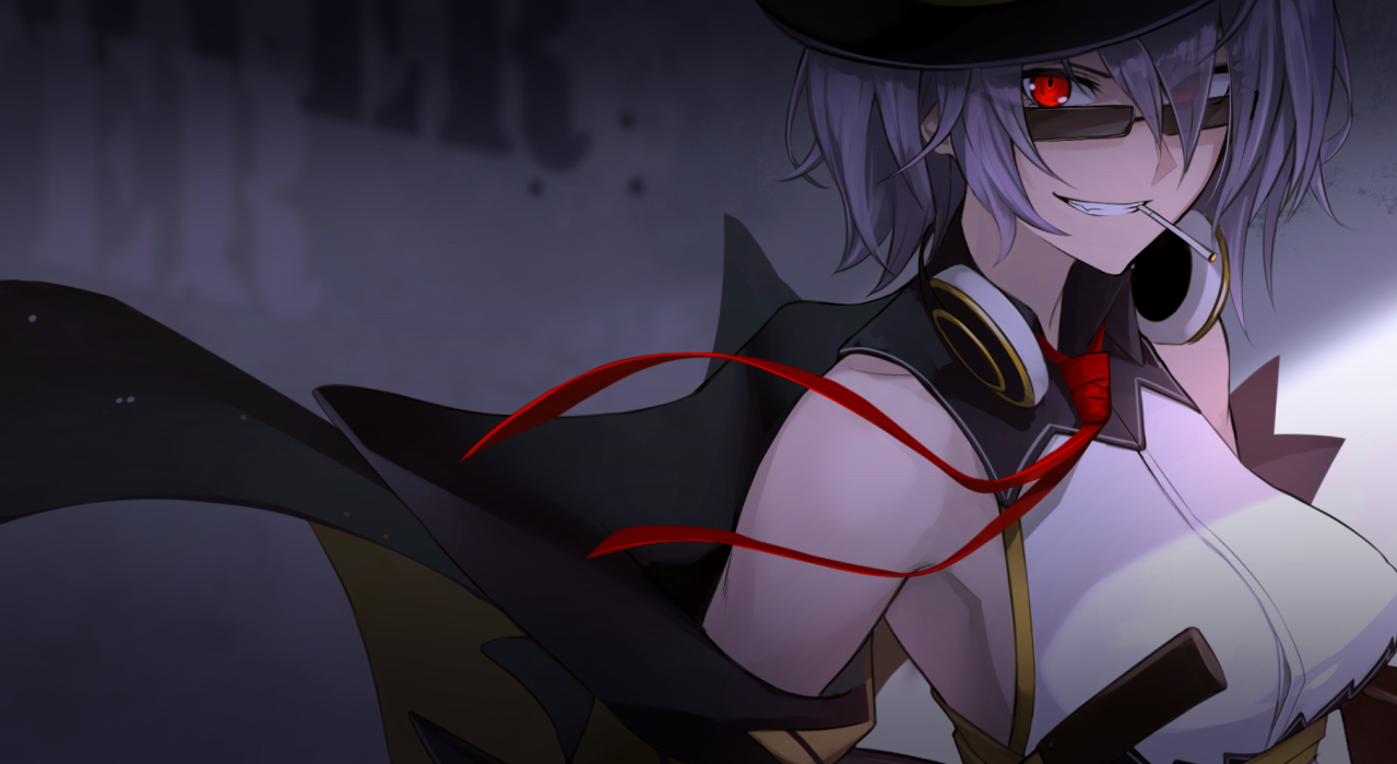 anthropomorphism, breasts, cigarette, girls_frontline, gray_hair, hat, headphones, red_eyes, ribbons, shijiu_(adamhutt), short_hair, sunglasses, thompson_(girls_frontline), tie