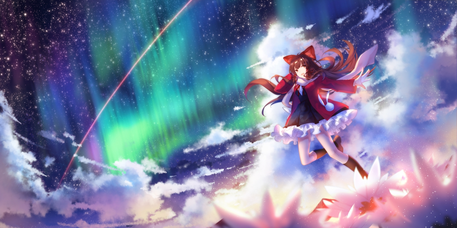 bow, brown_eyes, brown_hair, clouds, hakurei_reimu, kneehighs, long_hair, lyrah777, scarf, skirt, sky, stars, touhou