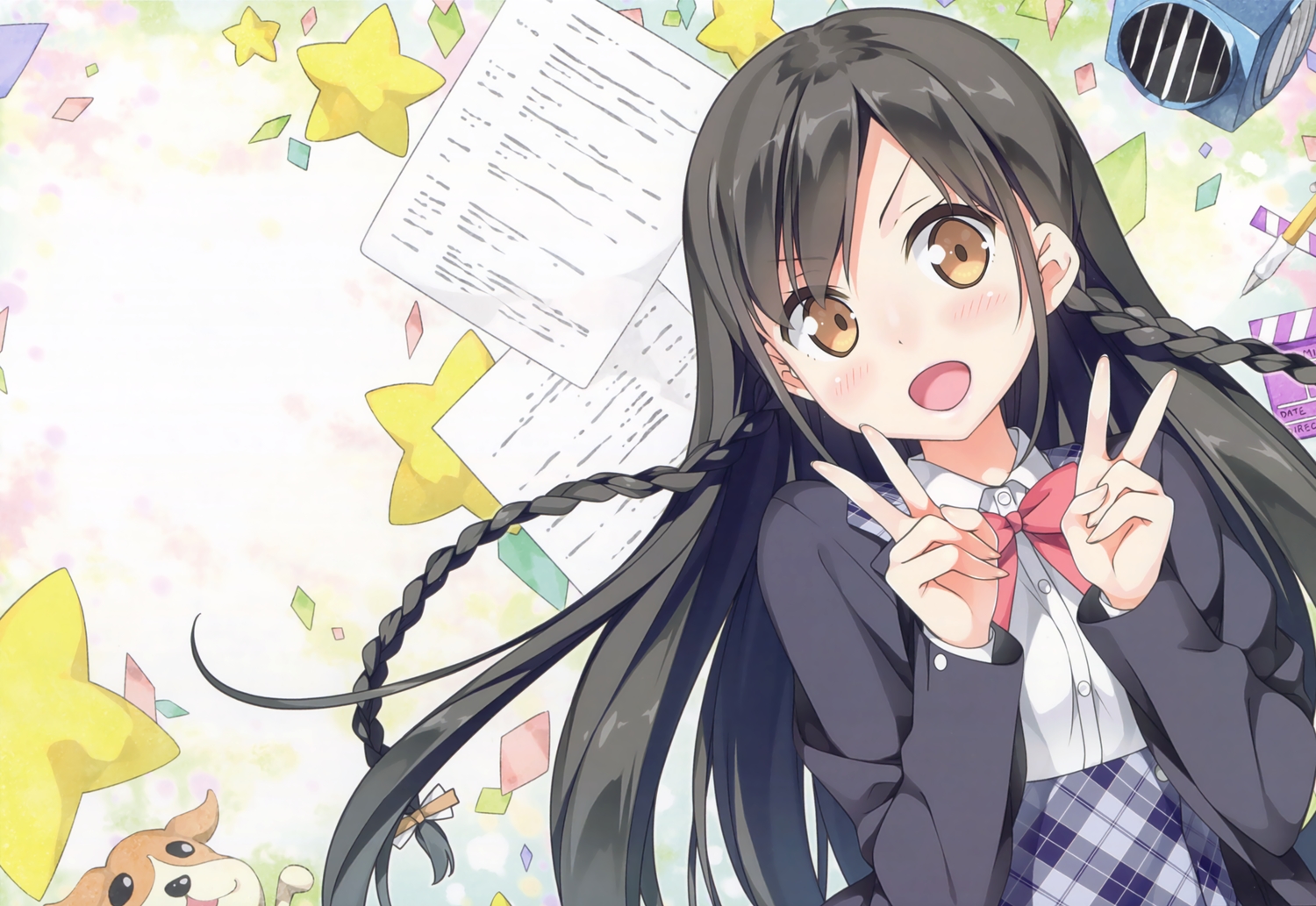 black_hair, blush, bow, braids, cube, kantoku, koi_suru_kanojo_no_bukiyou_na_butai, long_hair