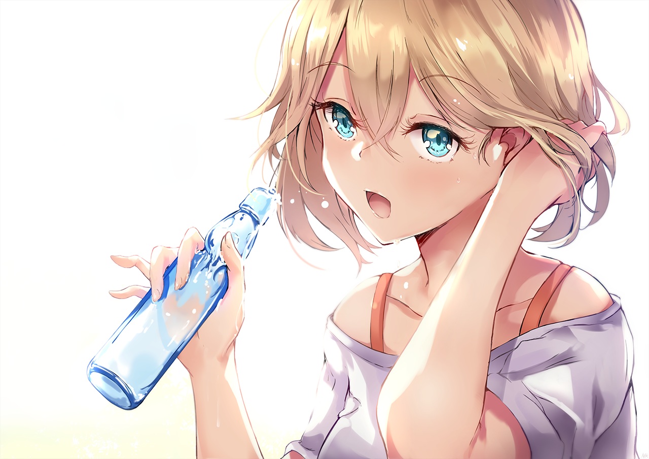 alison_snow, aqua_eyes, blonde_hair, close, drink, nakatokung, short_hair, summer_lesson