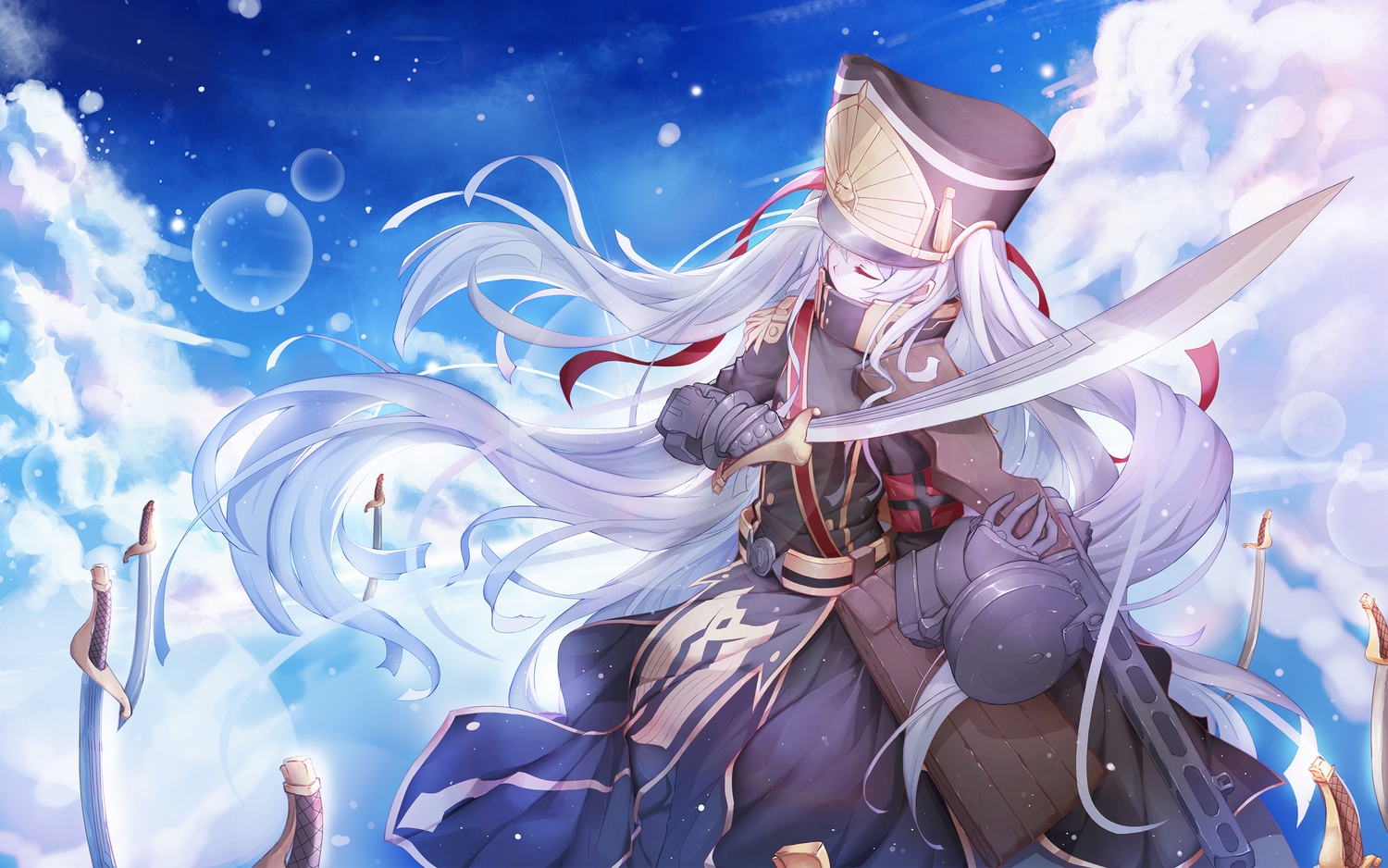 armor, asa_ni_haru, clouds, dress, gun, gunpuku_no_himegimi, hat, long_hair