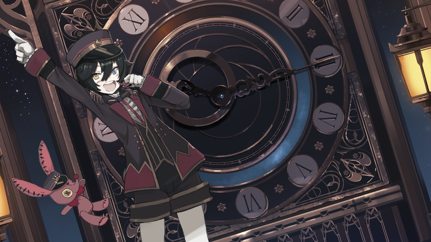 all_male, bicolored_eyes, black_hair, bow, bunny, ensemble_stars!, gloves, hat