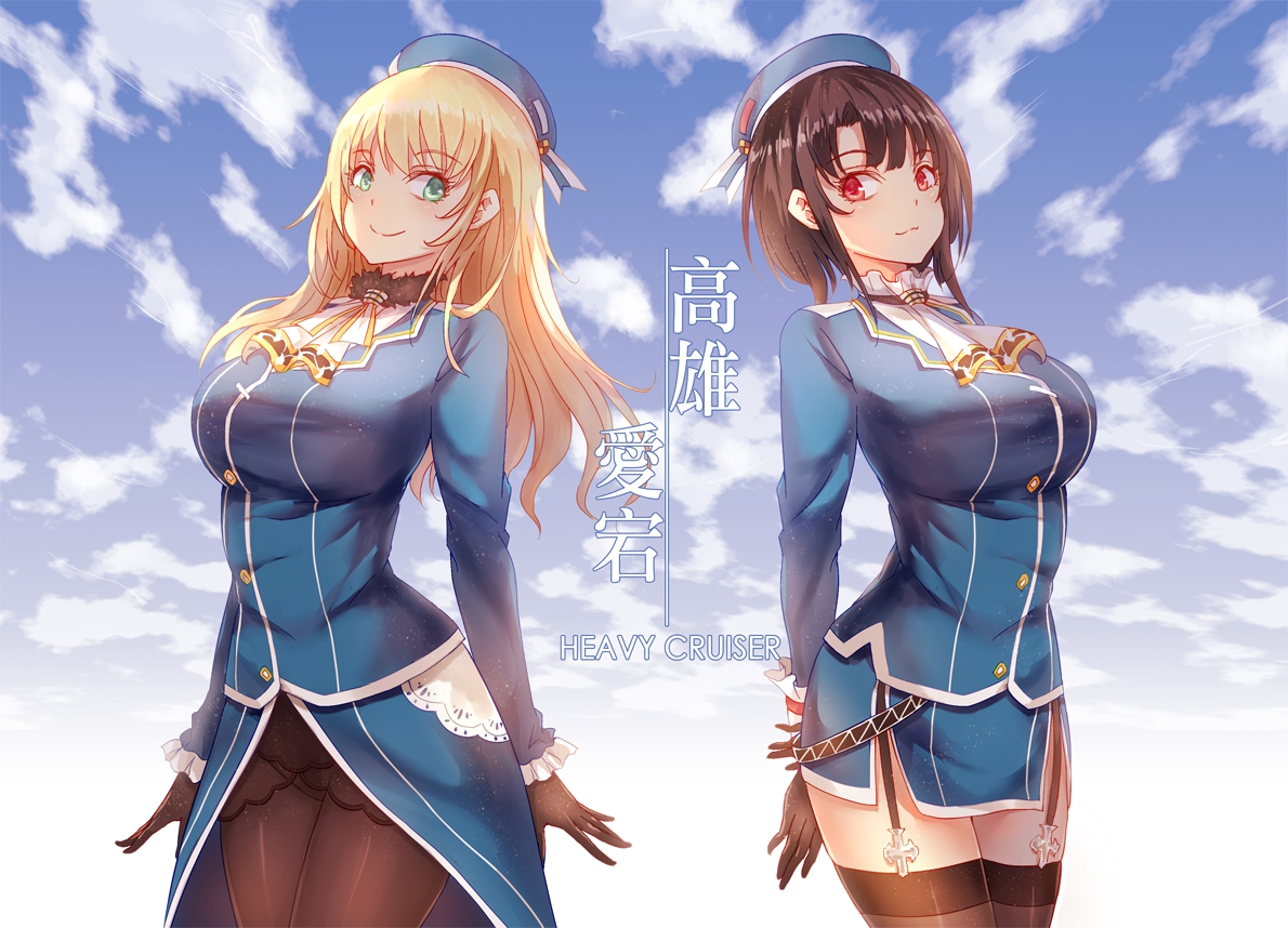 2girls, anthropomorphism, asle, atago_(kancolle), blonde_hair, breasts, brown_hair, clouds
