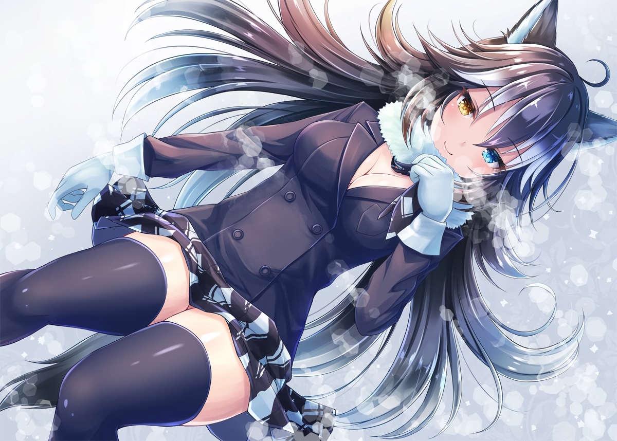 akashio_(loli_ace), animal_ears, anthropomorphism, bicolored_eyes, black_hair, breasts, cleavage, gloves, gray_wolf_(kemono_friends), kemono_friends, no_bra, skirt, tail, thighhighs, wolfgirl, zettai_ryouiki