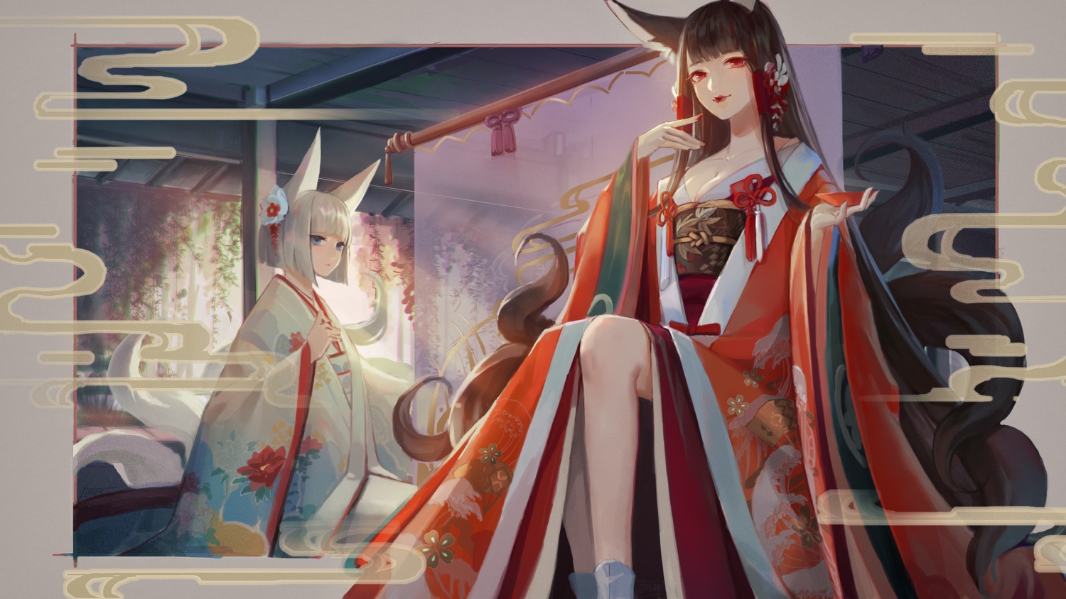 2girls, akagi_(azur_lane), animal_ears, anthropomorphism, azur_lane, black_hair, blue_eyes, foxgirl, gray_hair, guan_tang_baozi, japanese_clothes, kaga_(azur_lane), long_hair, multiple_tails, red_eyes, short_hair, tail