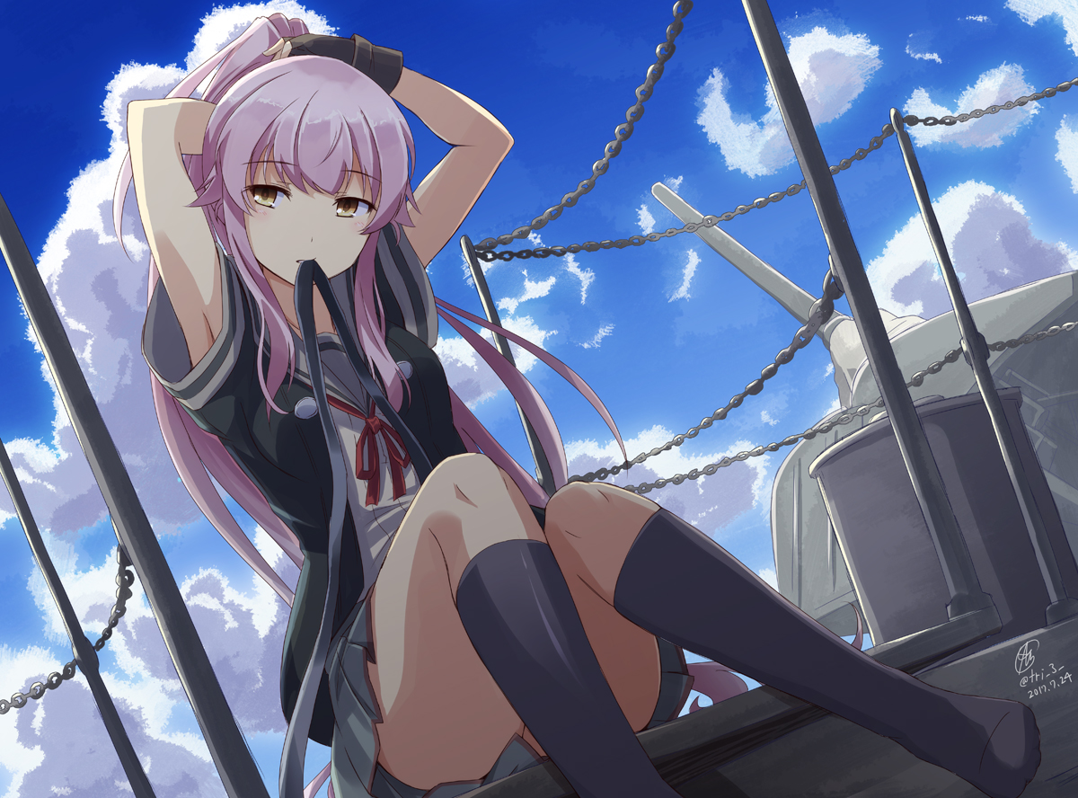 anthropomorphism, chain, clouds, gloves, kantai_collection, kneehighs, long_hair, pink_hair