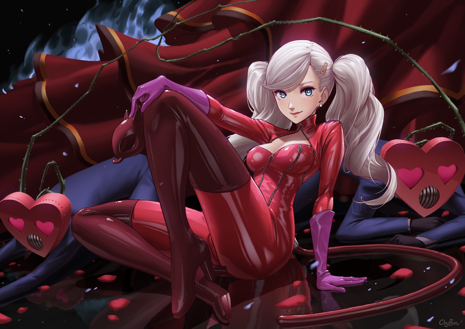 aqua_eyes, bodysuit, breasts, chyffon, elbow_gloves, gloves, gray_hair, long_hair, persona_5, petals, reflection, signed, skintight, takamaki_anne, twintails