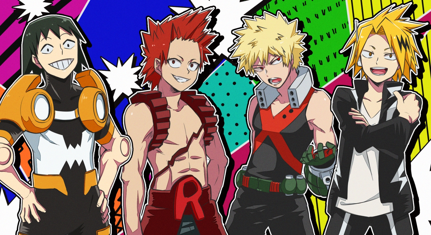 agehacat, all_male, bakugou_katsuki, black_eyes, black_hair, blonde_hair, boku_no_hero_academia, kaminari_denki, kirishima_eijirou, male, red_eyes, red_hair, sero_hanta, short_hair