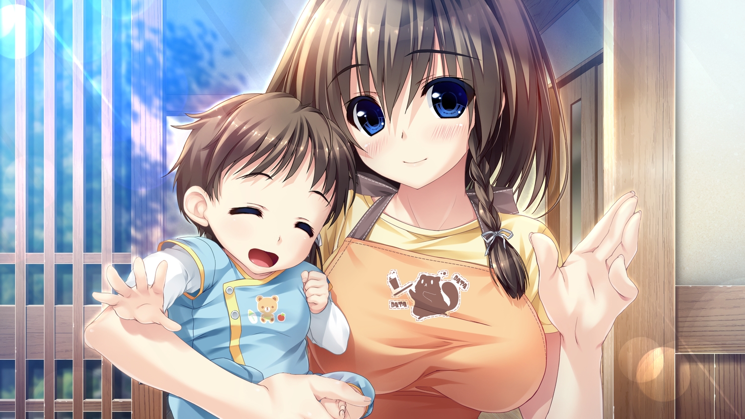 apron, blue_eyes, blush, braids, breasts, brown_hair, clochette, game_cg